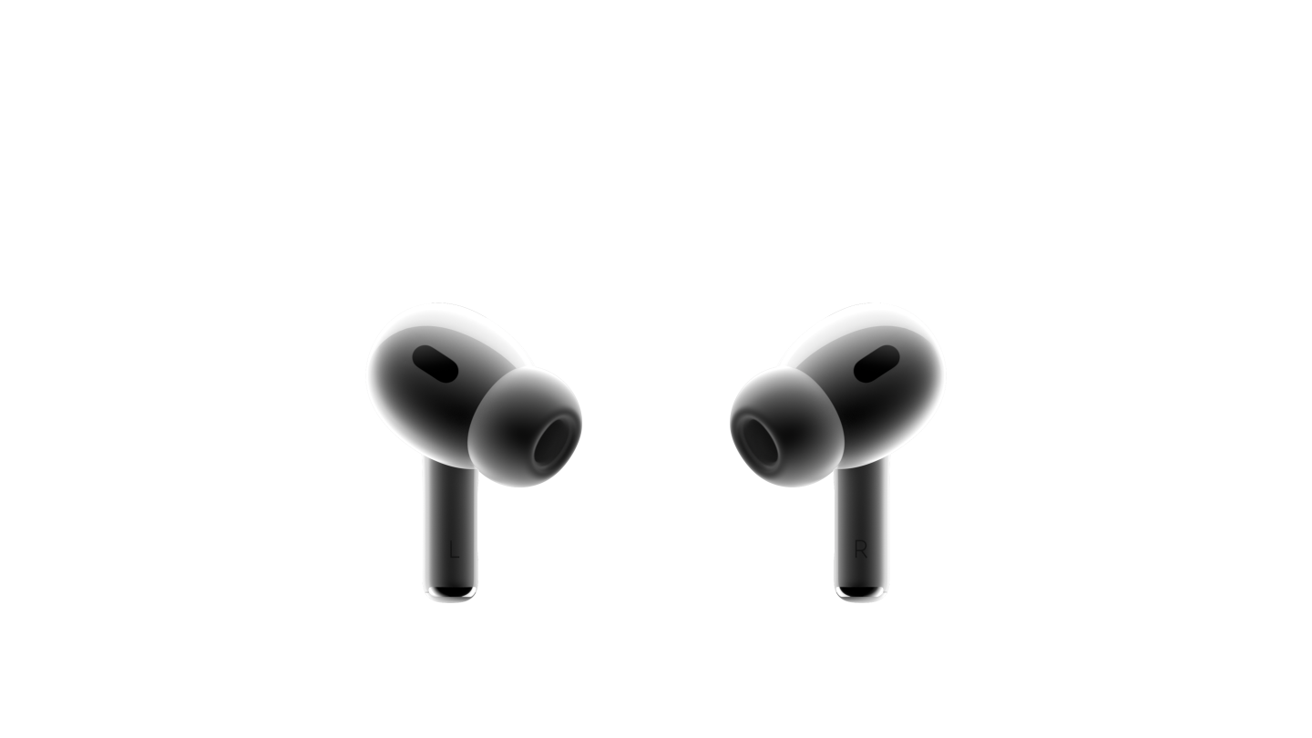 Dois auriculares AirPods Pro em branco virados um para o outro. Adaptadores de silicone encaixados nos auriculares com malha de cor preta.