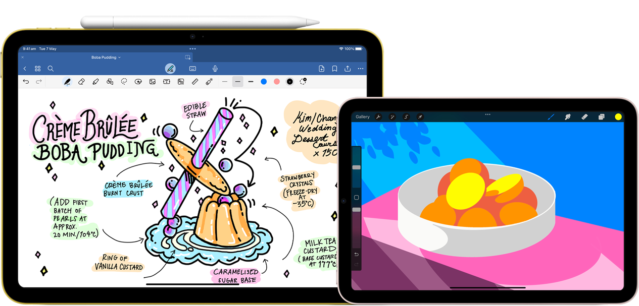 On left, iPad 10th generation, landscape orientation, displaying a graphic with notes and a drawing, with Apple Pencil USB-C attached at top. On right, iPad mini, landscape orientation showing a colourful illustration made with ProCreate.