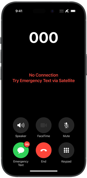 An iPhone showing the message "No Connection Try Emergency Text via Satellite"