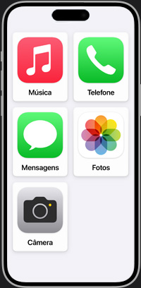 Tela de Início simplificada do iPhone mostrando os apps Música, Telefone, Mensagens e Fotos