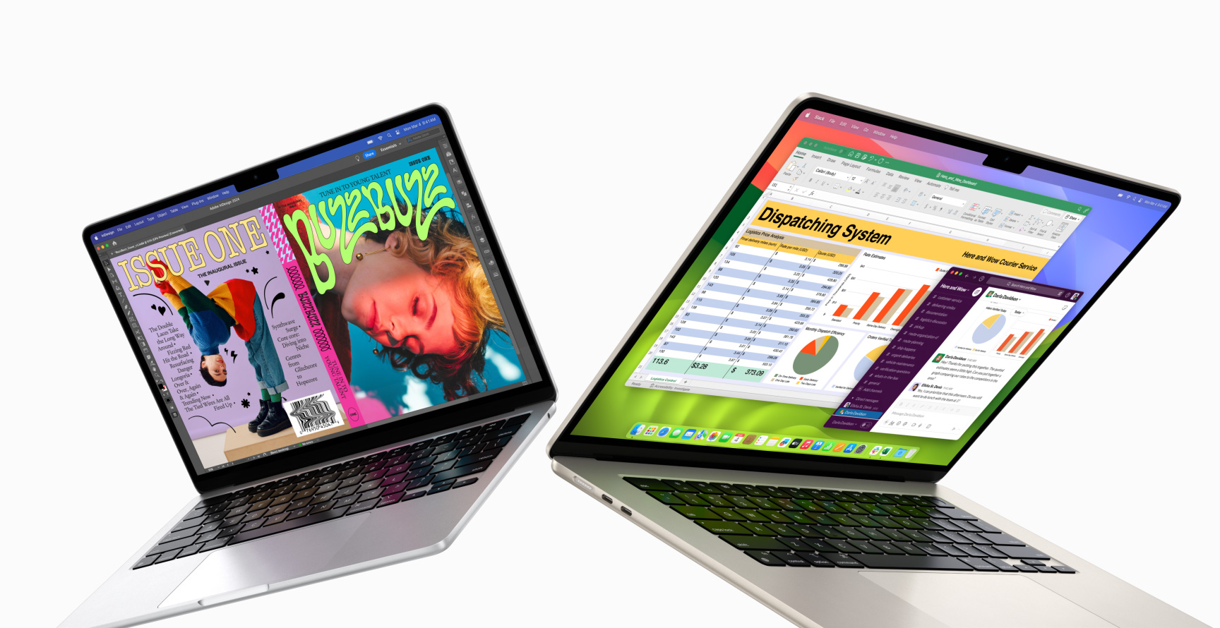 MacBook Air de 13 polegadas à esquerda e MacBook Air de 15 polegadas à direita parcialmente abertos. A tela de 13 polegadas mostra uma capa de revista colorida criada no In Design. A tela de 15 polegadas mostra o Microsoft Excel e o Slack.