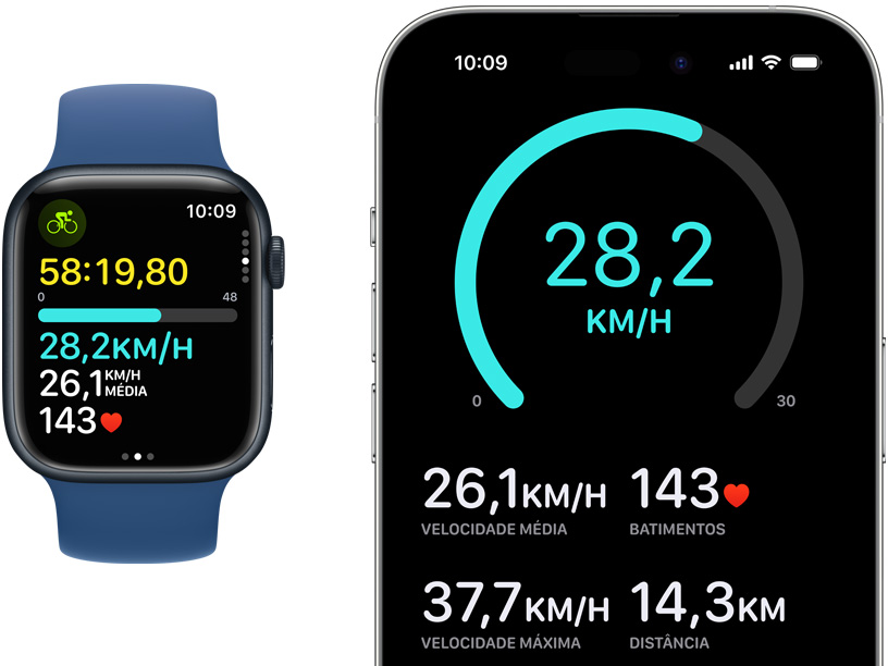 Imagem de um Apple Watch e um iPhone que mostram as métricas de Bicicleta em tempo real.