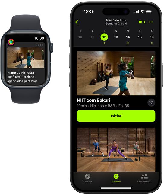Imagem frontal de um Apple Watch e um iPhone. Ambas as telas mostram um Plano Personalizado.