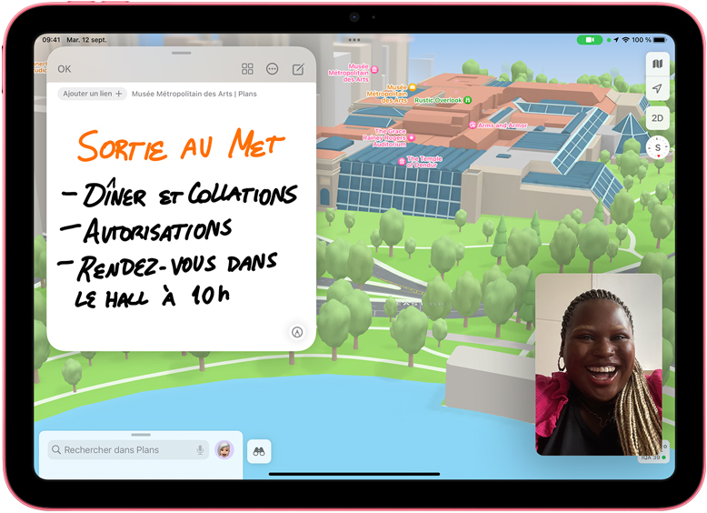 Écran d’iPad montrant une note rapide et une vignette FaceTime superposées à l’app Plans.