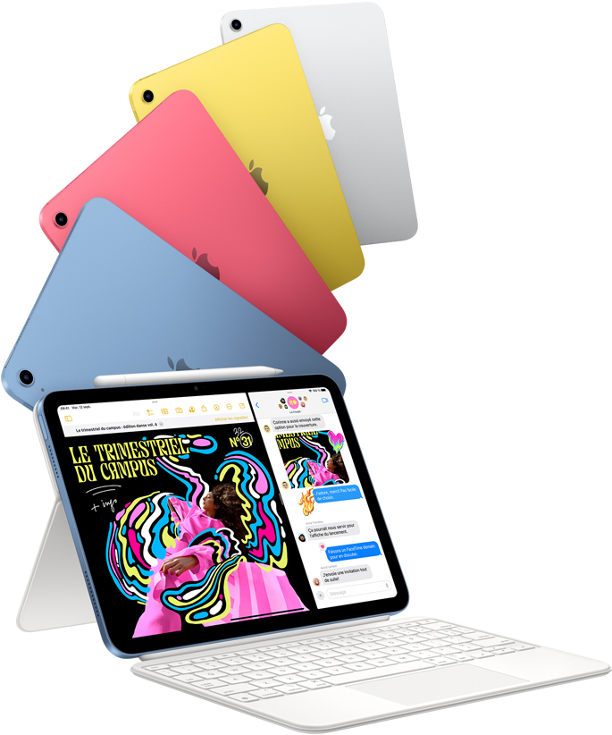 Des iPad bleu, rose, jaune et argent, plus un iPad connecté à un Magic Keyboard Folio.