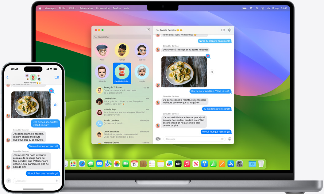 iPhone et MacBook affichant la même conversation iMessage.