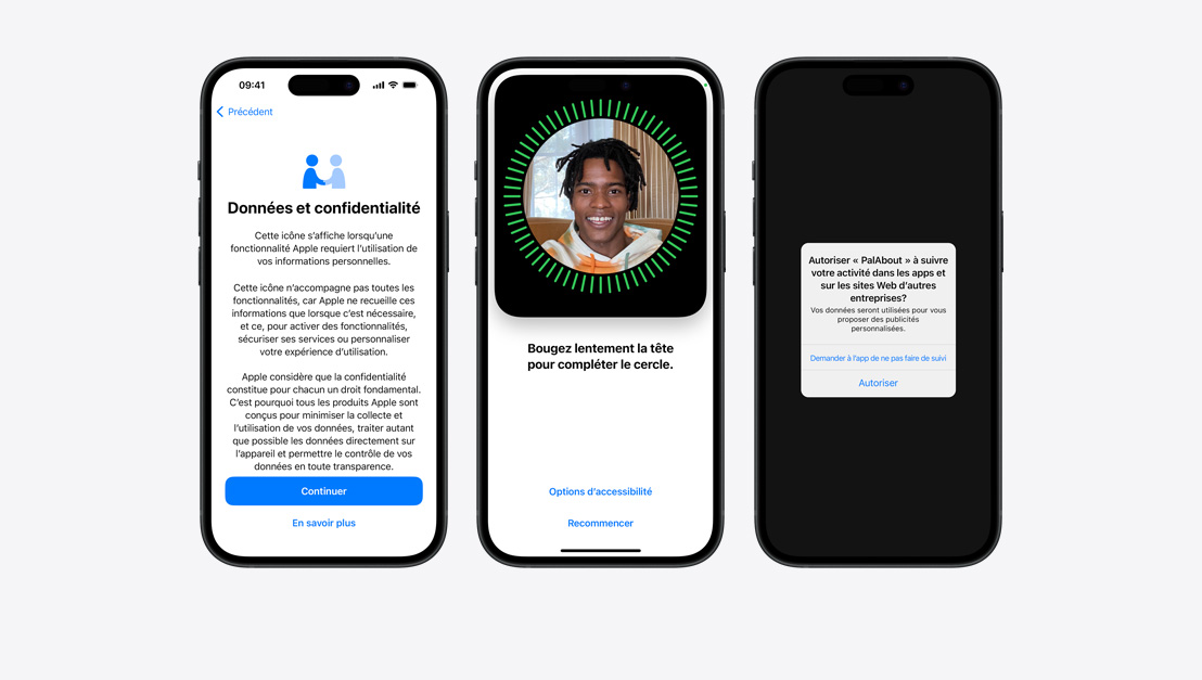 Trois iPhone montrent différents exemples de fonctionnalités de confidentialité, dont Face ID.