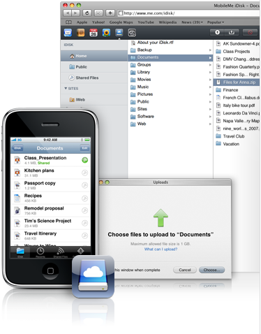Saisie d'&eacute;cran du iDisk de MobileMe et interface sur un iPhone