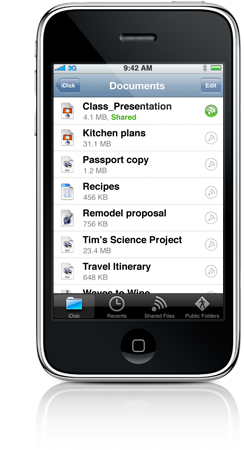 Application iDisk sur un iPhone affichant une liste de documents