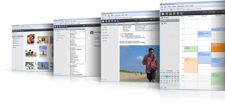 Saisies d'&eacute;cran de MobileMe montrant les applications Galerie, Contacts, Mail et Calendrier.