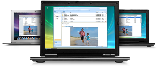 Des PC avec MobileMe dans Outlook et un MacBook Air avec MobileMe Mail dans Mail