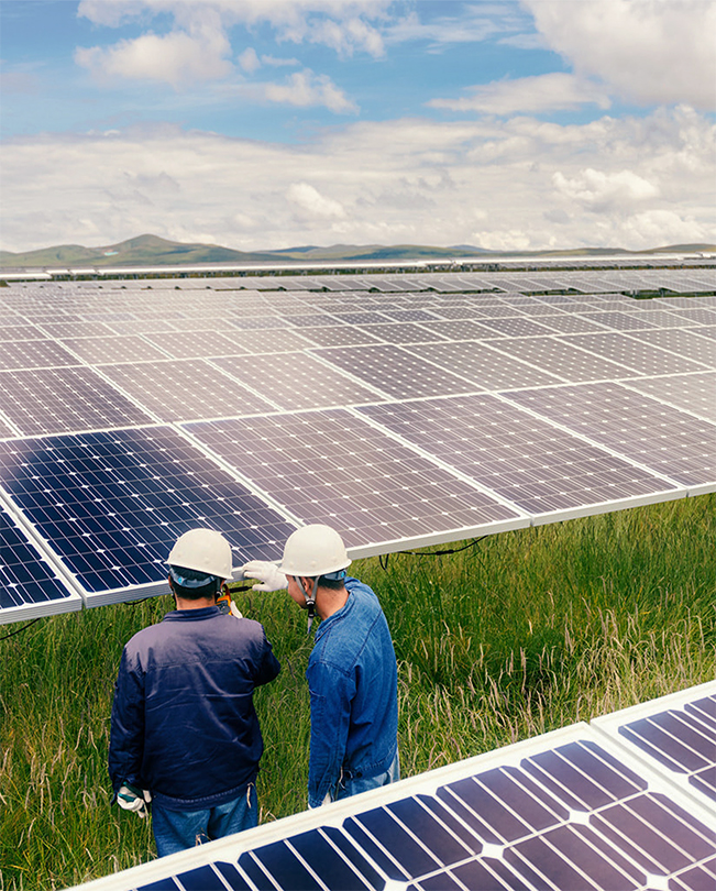 戴著安全帽的兩個人正在戶外的大型太陽能板之間工作，周圍是草地。