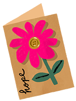 Eine selbst gemachte Grusskarte mit einer grossen bunten Blume auf der Vorderseite