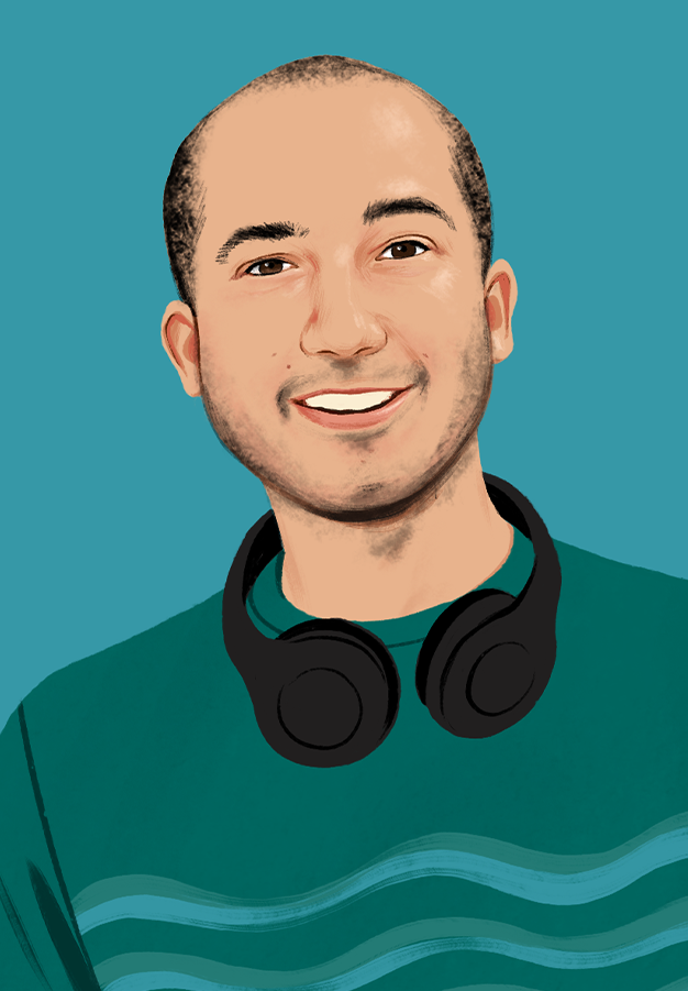 Illustrated portrait of Chris smiling, looking at the reader.