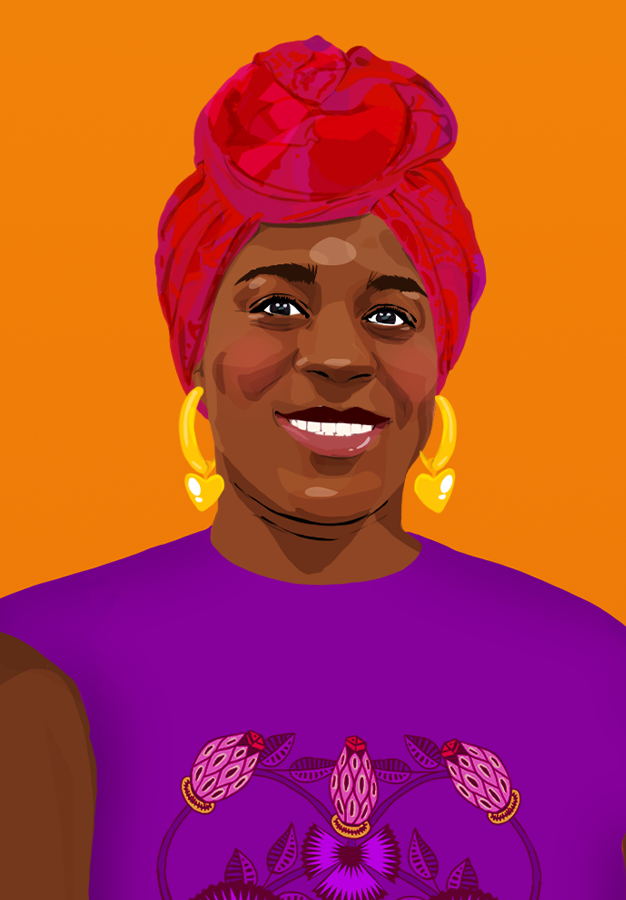 Illustriertes Porträt von Cynthia, die lächelt.