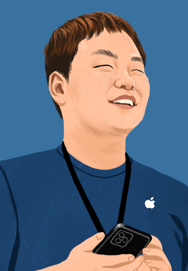 Ilustrowany portret uśmiechniętego Williama w Apple Store.