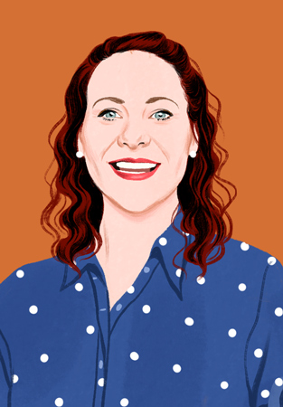 Illustriertes Porträt von Jessica, die selbstbewusst zu den Leser:innen lächelt.