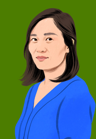 Illustriertes Porträt von Xu, die selbstbewusst zu den Leser:innen lächelt.