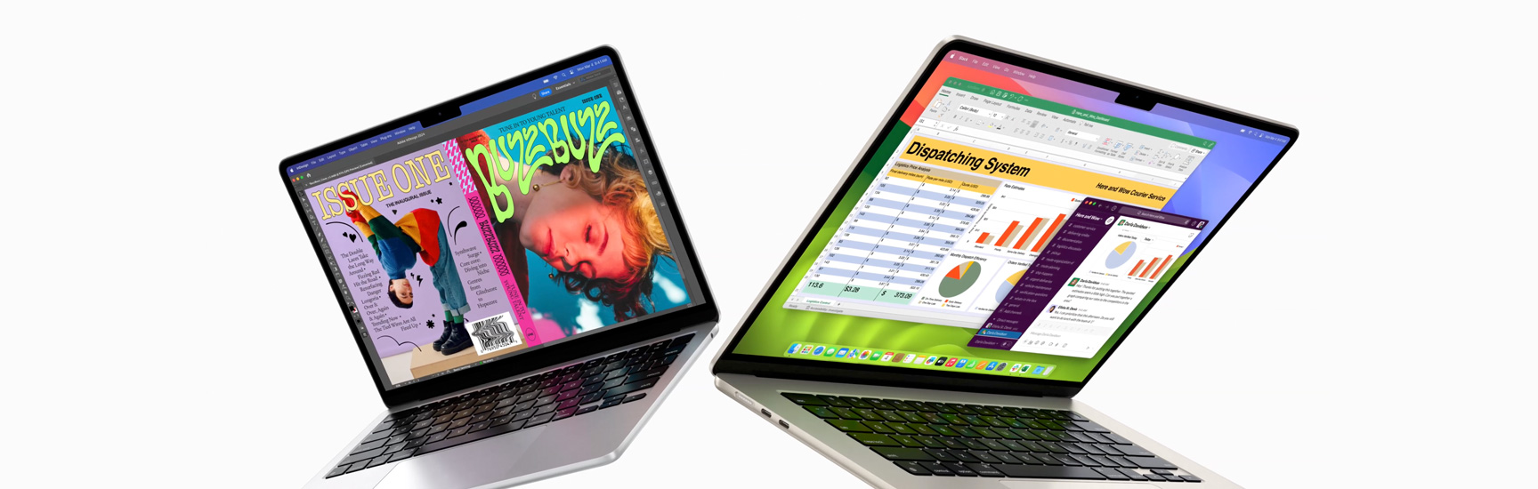 Un MacBook Air de 13 pulgadas del lado izquierdo y un MacBook Air de 15 pulgadas del lado derecho, ambas parcialmente abiertas. La pantalla de 13 pulgadas muestra la cubierta colorida de una revista creada con In Design. La pantalla de 15 pulgadas muestra Microsoft Excel y Slack abiertos.