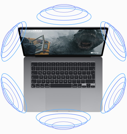 Un MacBook Air desde arriba con una ilustración que demuestra cómo funciona el Audio Espacial al reproducir una película.