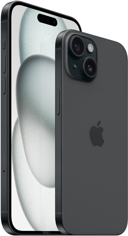 Pohled zepředu na 6,7palcový iPhone 15 Plus a pohled zezadu na 6,1palcový iPhone 15 v černé.