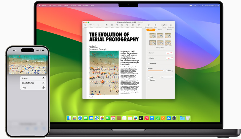 Obrázek zkopírovaný na iPhonu 15 se vloží do dokumentu Pages na MacBooku Pro.