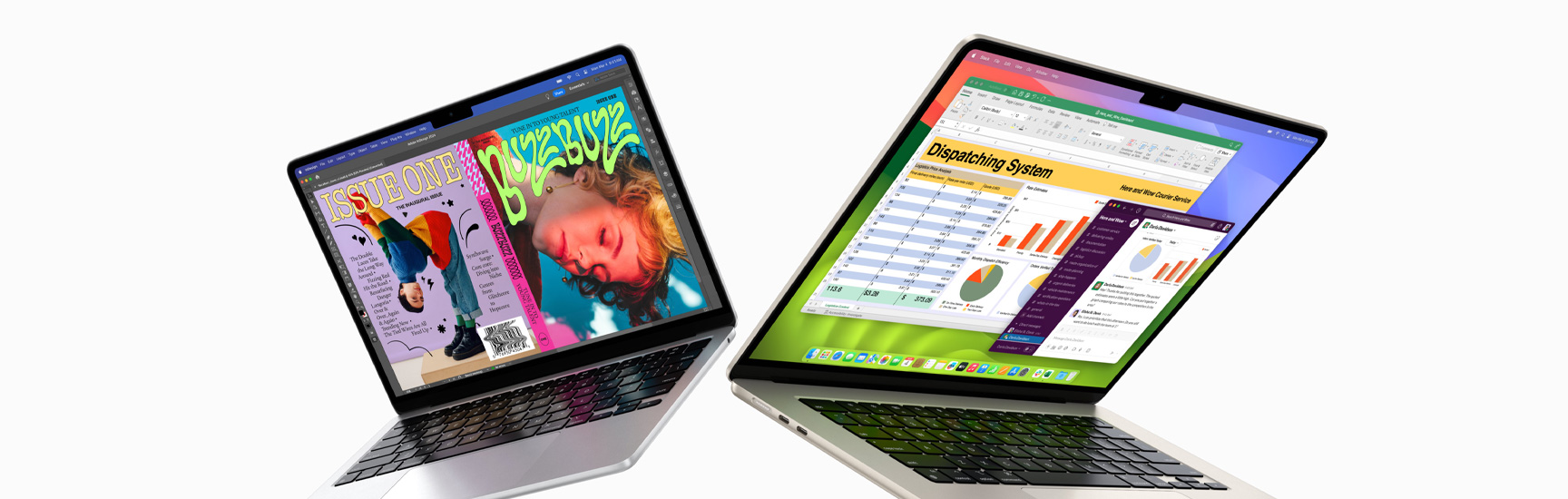 Pootevřený 13palcový MacBook Air nalevo a 15palcový MacBook Air napravo. Na obrazovce 13palcového modelu je zobrazená pestrobarevná obálka magazínu vytvořená v InDesignu. Na 15palcovém modelu jsou okna Microsoft Excelu a Slacku.