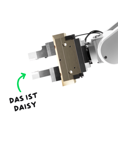 Die futuristische Hand und der Arm eines der wegweisenden Demontage-Roboter von Apple. Ein illustrierter Pfeil zeigt darauf und daneben steht handgeschrieben „Das ist Daisy“.