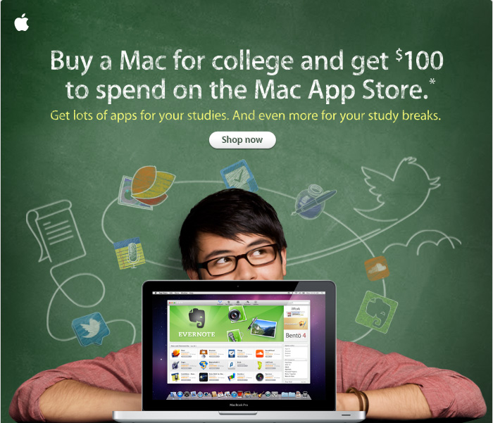 Buy a Mac for college and get $100 to spend on the Mac App Store.* Get lots of apps for your studies. And even more for your study breaks.
