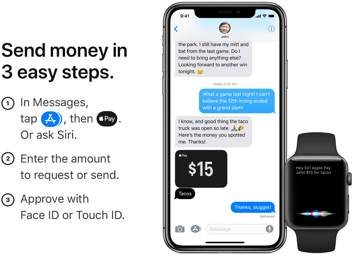 Send money in 3 easy steps. 1. In Messages, tap Applications icon, then Apple Pay. Or ask Siri. 2. Enter the amount to request or send. 3. Approve with Face ID or Touch ID.