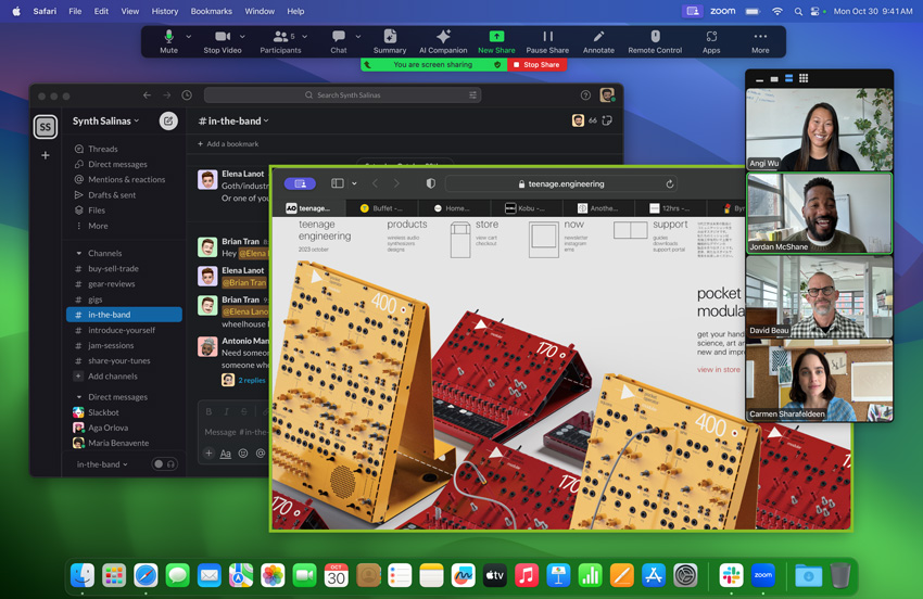 Zoomi kõne M3 kiibiga MacBook Proga. Kasutaja jagab ekraani, millel kuvatakse ettevõtte Teenage Engineering veebileht, kus on näha kujutis modulaarsest süntesaatori seadmest; taustal on avatud Slacki kanal nimega Synth Salinas