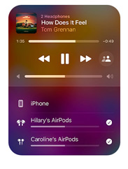 Apple Music interface on iPhone that shows two pairs of AirPods listening to the same song from one device, both sets of AirPods have individual volume settings.