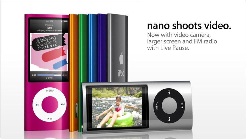 nano shoots video. Now with video camera, larger screen and FM radio with Live Pause.