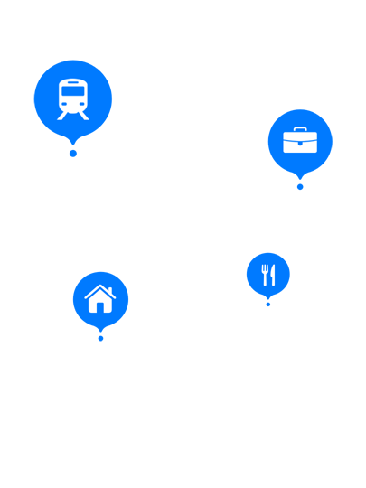 Ein Handsymbol, umgeben von Minisymbolen (ÖPNV, Jobs, Restaurants, Zuhause).