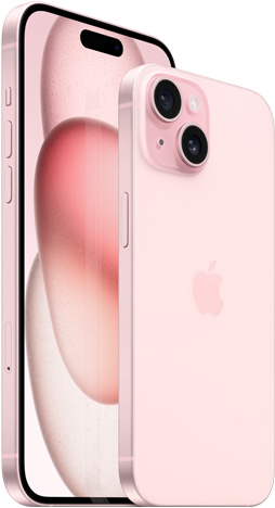 Etunäkymä 6,7 tuuman iPhone 15 Plussasta ja taustanäkymä 6,1 tuuman pinkistä iPhone 15:stä.