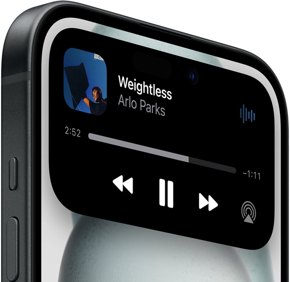 iPhone 15 showing Dynamic Island expanded view of Apple Music.