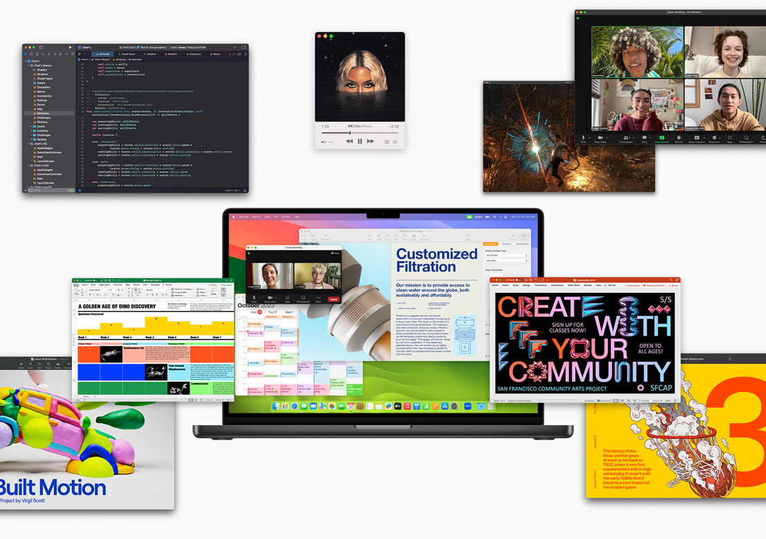 Ecrãs a mostrar vários tipos de software que funcionam com o processador da Apple: Xcode, Apple Music, Zoom, Excel, Powerpoint, Keynote, Adobe After Effects, Safari e um software de jogos.