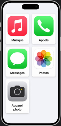 Écran d’accueil d’iPhone simplifié affichant les apps Musique, Appels, Photos et Appareil photo