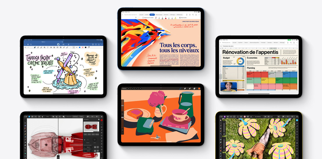 Une collection de six iPad différents mettant en avant diverses apps, dont Goodnotes 6, Affinity Designer 2, Microsoft Word, Procreate, Microsoft Excel, WebEx et Affinity Photo 2.