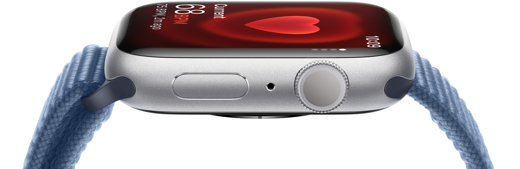 Πλαϊνή όψη ενός Apple Watch που δείχνει τους καρδιακούς παλμούς κάποιου ατόμου.