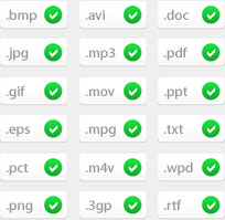 Images include: .bmp, .jpg, .gif, .eps, .pct, .png; Media include: .avi, .mp3, .mov, .mpg, .m4v, .3gp; Documents include: .doc, .pdf, .ppt, .txt, .wpd, .rtf
