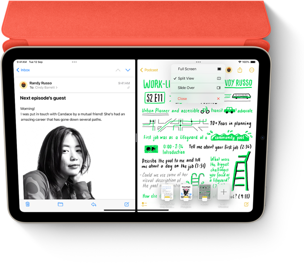 配備智慧型摺套及 Apple Pencil 的 iPad，分割顯示電郵和備忘錄 app 的手寫筆記