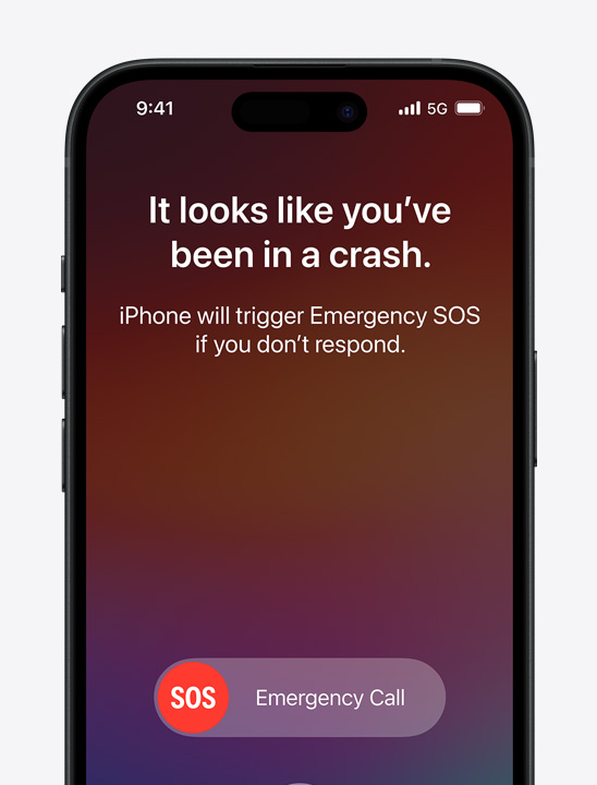 iPhone 螢幕上顯示當偵測到嚴重車禍後所發出的一則安全訊息。