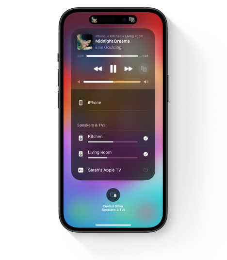 iPhone menampilkan UI AirPlay untuk audio multi-ruangan