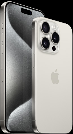 Tampilan depan iPhone 15 Pro Max 6,7″ dan tampilan belakang iPhone 15 Pro 6,1″ dalam warna Titanium Putih