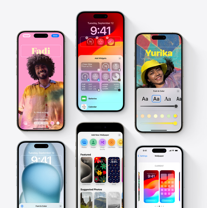 Kisi enam model iPhone yang menampilkan fitur personalisasi kreatif seperti penyesuaian Layar Terkunci dan Poster Kontak.