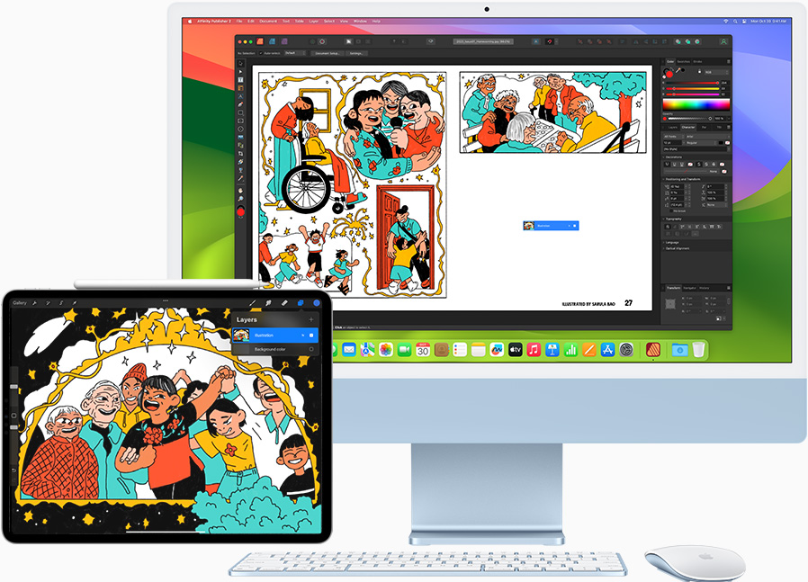 iPad Pro 12,9 inci dan iMac memperlihatkan pengguna yang sedang mengerjakan proyek kreatif. Proyek utama ada di iMac, dan iPad digunakan sebagai layar kedua.