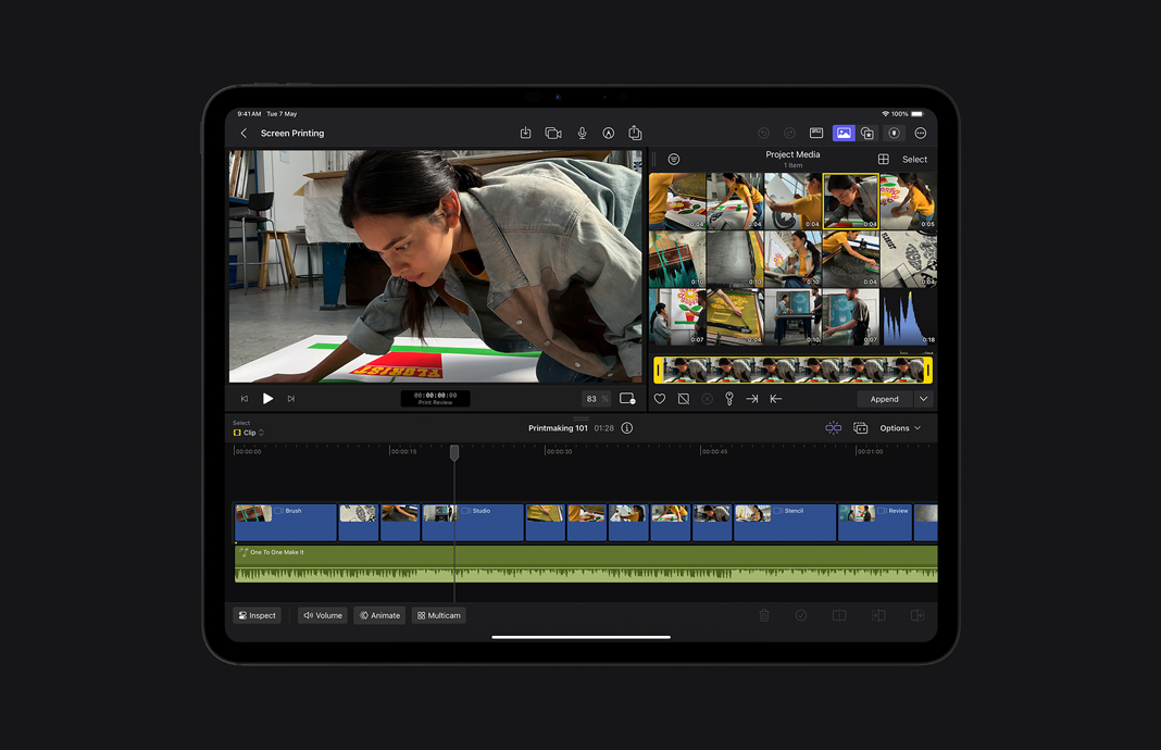 Footage of woman artist saved directly into browser in Final Cut Pro for iPad on iPad Pro.
