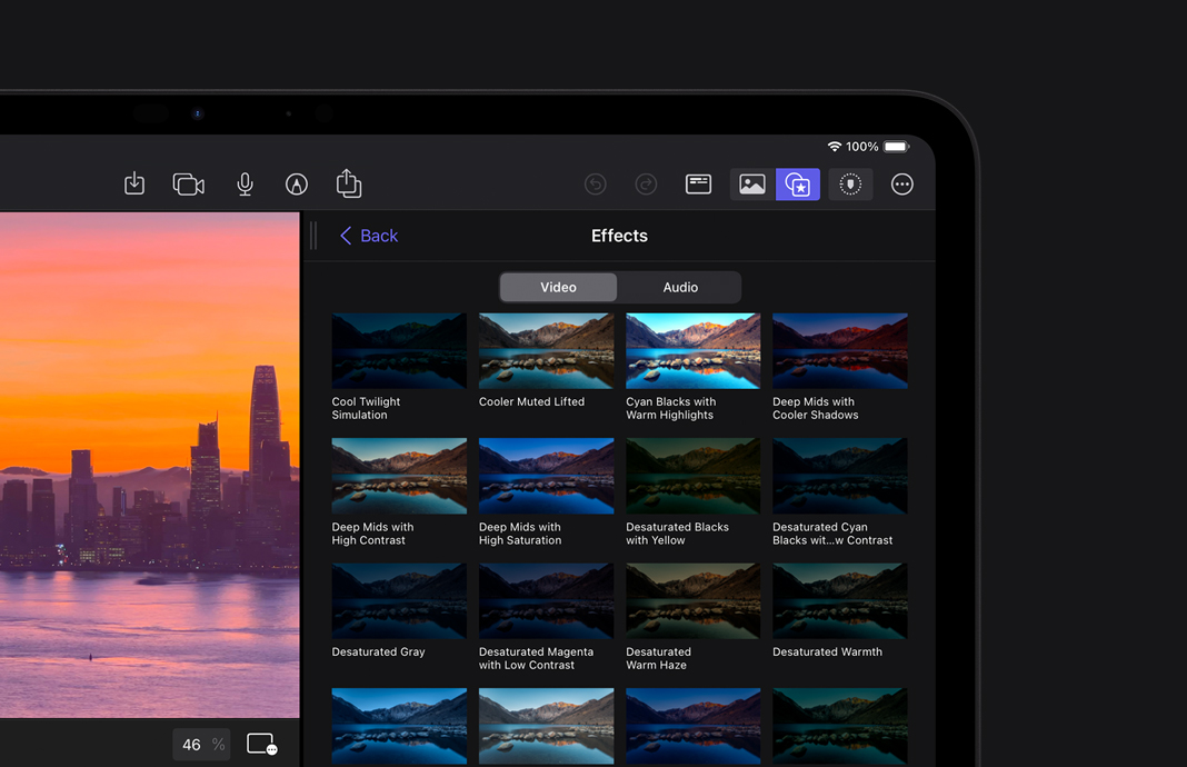 Thumbnails showing various visual effects being applied to nature footage in Final Cut Pro for iPad on iPad Pro.