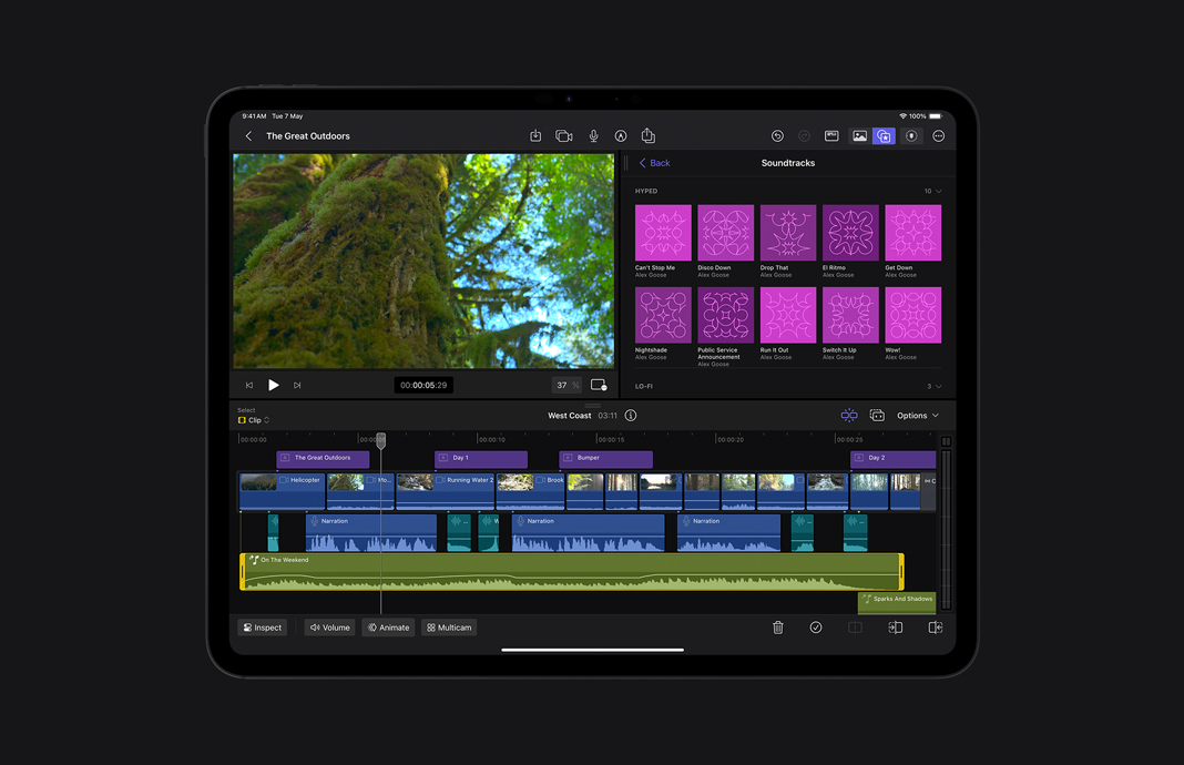 Close up of audio timeline in Final Cut Pro for iPad on iPad Pro.